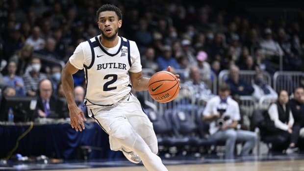 Jan 4, 2022; Indianapolis, Indiana, USA; Butler Bulldogs guard Aaron Thompson (2) drives toward the basket during the first half against the Seton Hall Pirates at Hinkle Fieldhouse. Mandatory Credit: Marc Lebryk-USA TODAY Sports